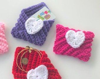 Crochet Envelope, Crocheted Heart Envelope, Love Letter Gift Card Holder, Kids Valentines, Valentines Envelopes, Heart Envelopes, Handmade