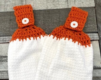 Oranje en witte hangende keukenhanddoeken, gehaakte top keukenhanddoeken, gehaakte top button-on hangende keukenhanddoeken, gehaakte tophanddoeken