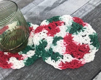 Sous-verres de Noël au crochet, couleurs de Noël de sous-verre de boisson au Crochet, sous-verres de fleurs de Noël, sous-verres de napperon, sous-verres de Noël Tie Die