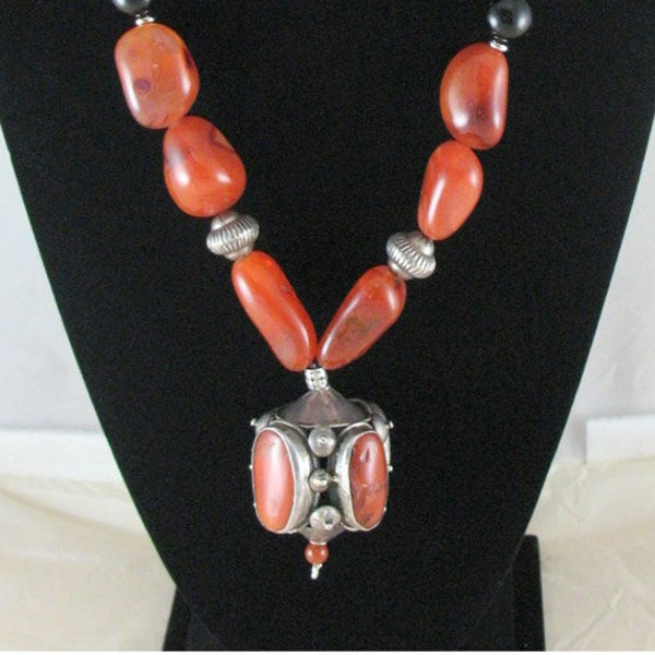 Big, bold, dramatic orange statement necklace with Tibetan pendant and beads - "FIRE TREE"