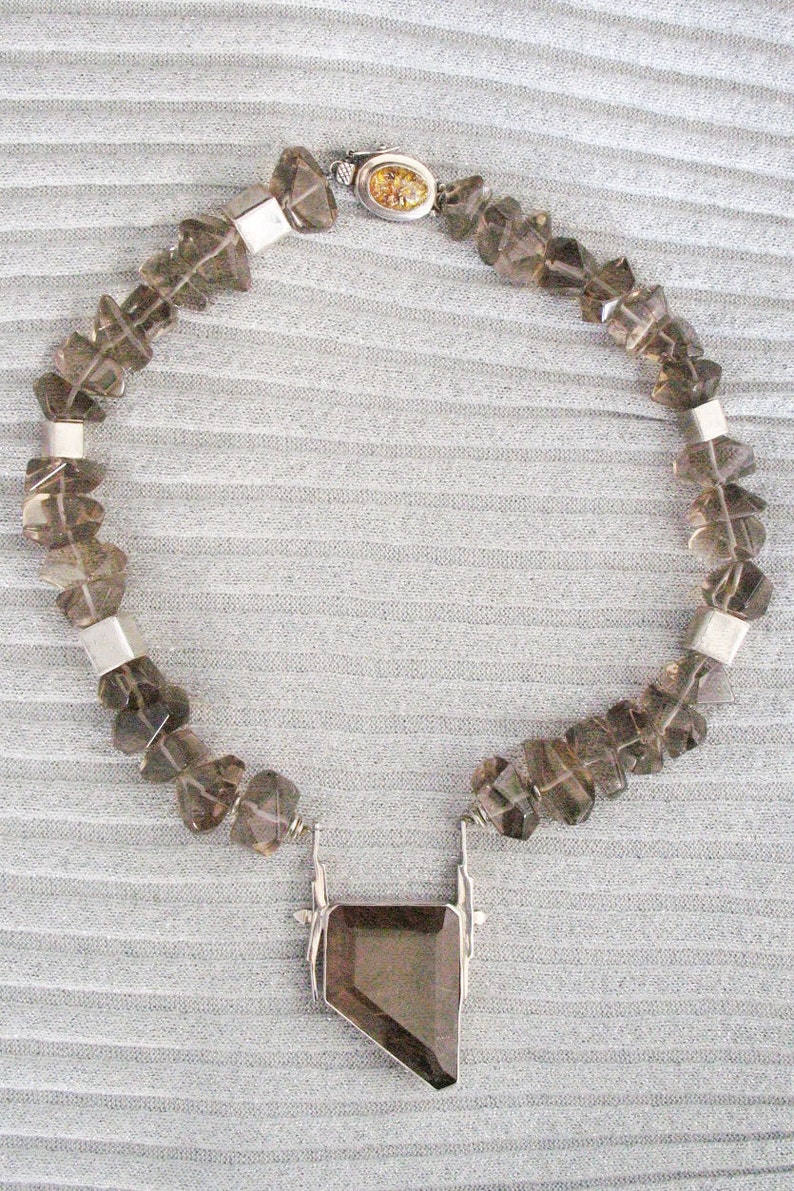 Bold DREAM SMOKE sterling squares and silverquartz pendant statement necklace of smokey quartz nuggets