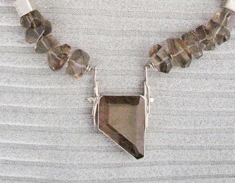Bold DREAM SMOKE sterling squares and silverquartz pendant statement necklace of smokey quartz nuggets