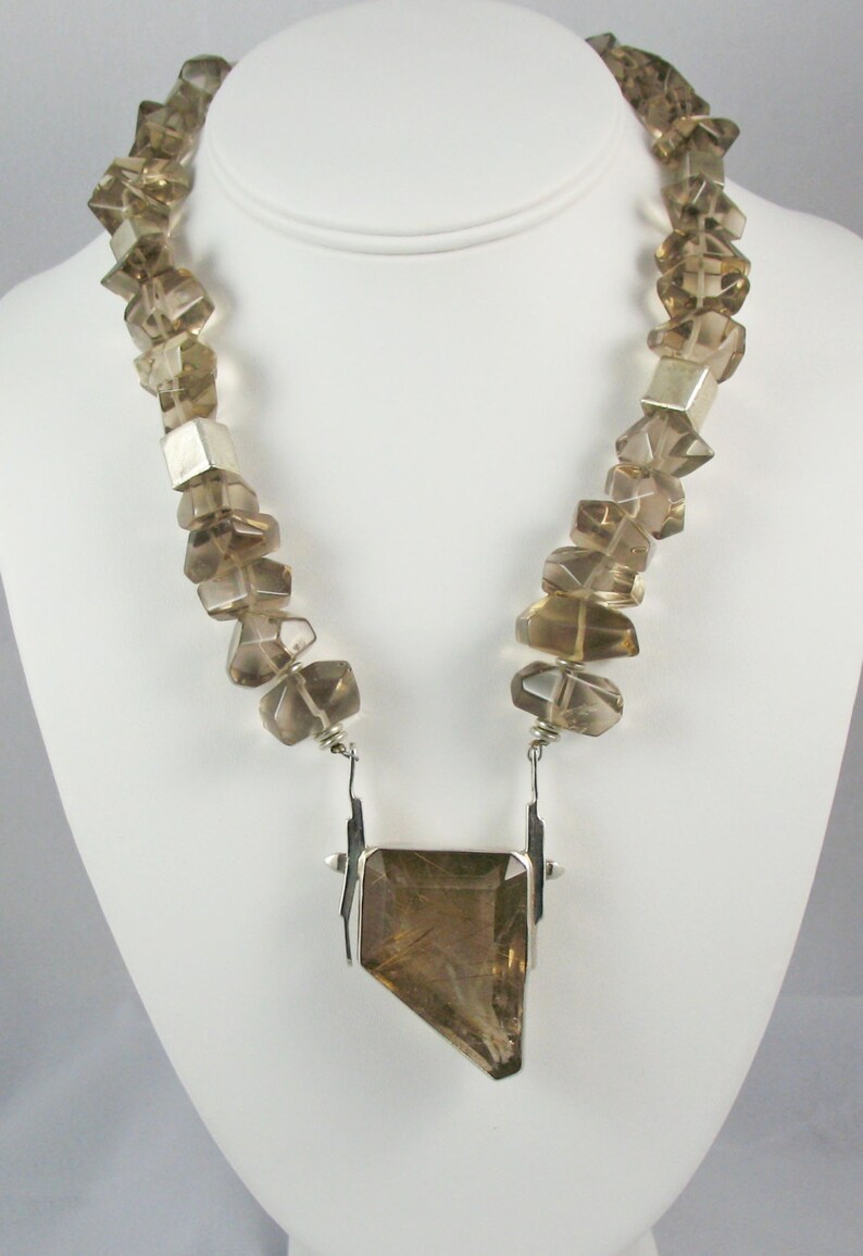 Bold DREAM SMOKE sterling squares and silverquartz pendant statement necklace of smokey quartz nuggets