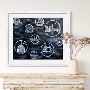 Monochrome London Print: &#39;City of Dreams&#39; Surrealist Art (20x24 Inch)