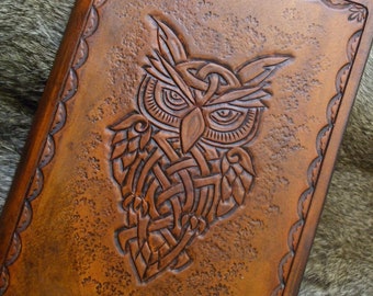 Hand Made Celtic Owl Leather File/Binder cover - A6 filofax refillable. Journal.