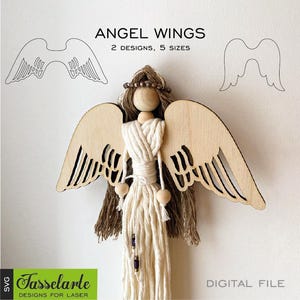 May include: A wooden angel figurine with laser-cut wings. The angel has a wooden head, a wrapped body, and long brown hair. The image includes the text "ANGEL WINGS 2 DESIGNS, 5 SIZES" and "DIGITAL FILE". The logo for Fasselarte Designs for Laser is also visible.