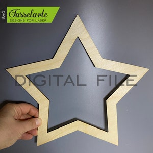 May include: A wooden star-shaped cutout with a slightly rough texture. The star is a simple design with a single point at the top and five points around the perimeter. The star is a digital file for laser cutting.