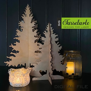 Alberi di Natale 3D in miniatura / FILE vettoriale SVG per macchina da taglio laser / compensato di abete, abete rosso, decorazione natalizia in piedi