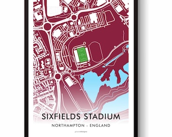 Northampton Town Sixfields Stadium Map Print – Football Fan Gift, Minimalist Ground Wall Art