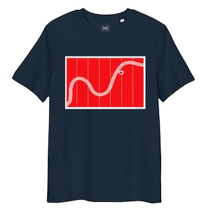 May include: Navy blue t-shirt featuring a red rectangle with a white, wavy line design. The shirt has a crew neck and short sleeves. The graphic design is centered on the front of the shirt. The shirt is made of a soft material.