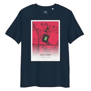 May include: Navy blue t-shirt featuring a red and white graphic of the San Siro stadium in Milan, Italy. The graphic includes the text "SAN SIRO" and "MILANO | ITALIA". The shirt is made of a soft material.