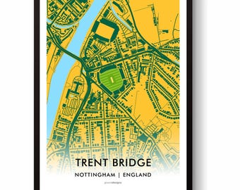 Impresión artística de pared con el mapa del campo de críquet de Trent Bridge, Nottingham