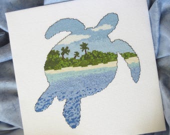 Turtle cross stitch pattern PDF, beach cross stitch silhouette chart, modern embroidery pattern, sea ocean animals, desert island wildlife