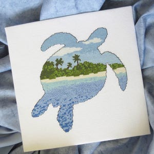 Turtle cross stitch pattern PDF, beach cross stitch silhouette chart, modern embroidery pattern, sea ocean animals, desert island wildlife image 1