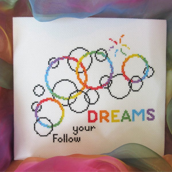 Folgen Sie Ihren Träumen Kreuzstichmuster, Regenbogen einfache moderne Vorlage, Blasen, inspirierendes Kreuzstich Zitat, Baby Kind, PDF