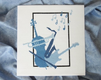 Music cross stitch pattern, silhouette musical instruments, cello, trumpet, saxophone, electric guitar, clarinet, notes, modern chart, PDF