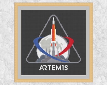 Artemis I NASA Mission Patch cross stitch pattern, astronomy and space cross stitch chart, instant download PDF
