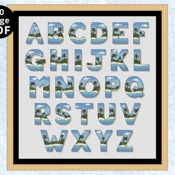 Desert Island Alphabet cross stitch pattern, Beach ABC complete chart, personalise your own name or text, instant download PDF booklets