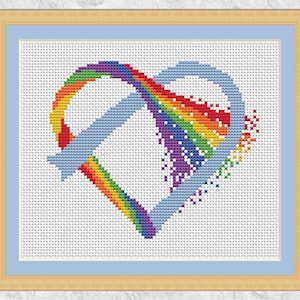 Knotted Rainbow Heart cross stitch pattern PDF, printable modern counted cross stitch chart, instant download