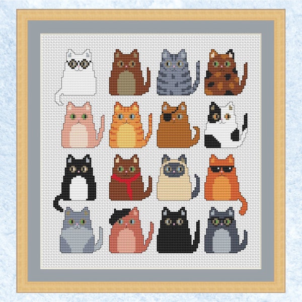 Funky Cats cross stitch pattern - fun mini cat motifs to form one picture or smaller cards - instant download PDF