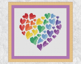 Rainbow Heart of Hearts cross stitch pattern, modern cross stitch design, instant download PDF