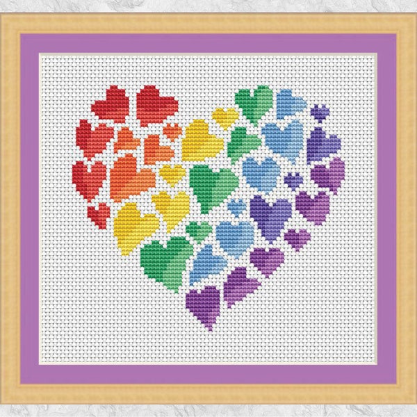 Rainbow Heart of Hearts cross stitch pattern, modern cross stitch design, instant download PDF