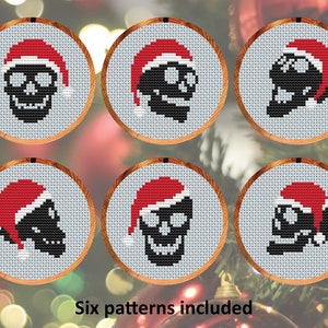 Schedels in kerstmutsen kruissteekpatronen, set van zes leuke alternatieve patronen voor kaarten of kerstboom, instant download PDF