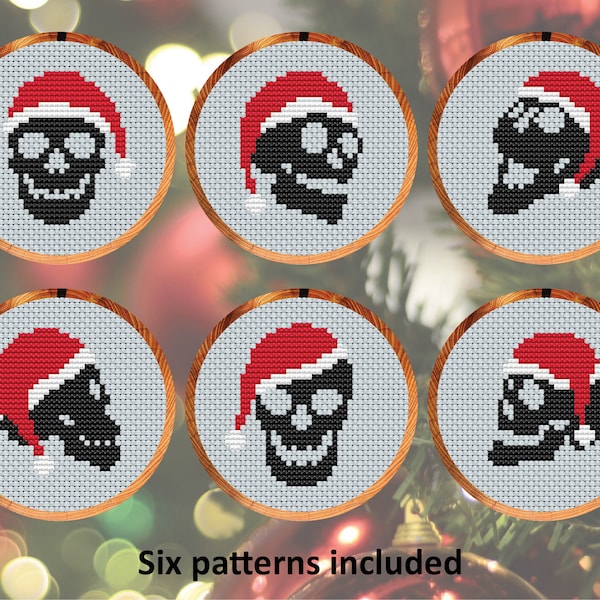 Skulls in Christmas Hats cross stitch patterns, set of six fun alternative patterns for cards or Christmas tree, instant download PDF