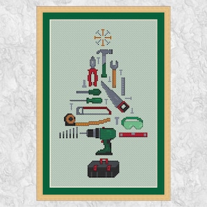 May include: A cross-stitch pattern of a Christmas tree made of tools, including a drill, saw, hammer, screwdriver, and wrench. The tree is decorated with a star and a toolbox at the base.