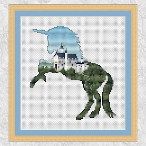 Eenhoorn kruissteekpatroon, sprookjeskasteel geteld kruissteek, modern fantasie dierensilhouet, prinses, fee, afdrukbare PDF-kaart