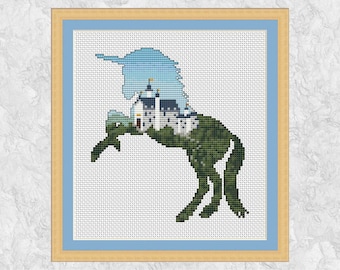 Einhorn Kreuzstichvorlage, Märchenschloss Kreuzstich Kreuzstich, moderne Fantasie Tier Silhouette, Prinzessin, Fee, druckbare PDF Stickvorlage