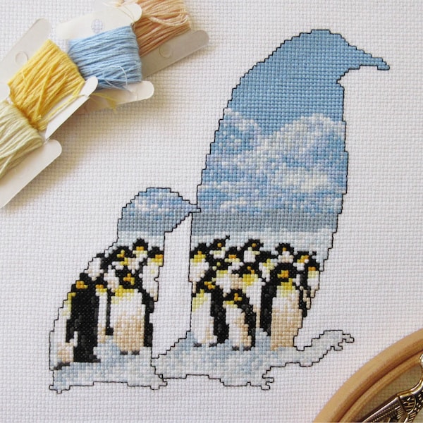 Penguins cross stitch pattern, modern snow scene, Antarctica penguin and chick, winter, birds, mountains, blue, counted cross stitch design