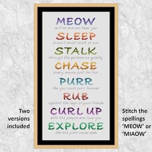 Cat cross stitch pattern, poem for animal lover, Meow (or Miaow) As If No One Can Hear You, beautiful pet quote, instant download PDF