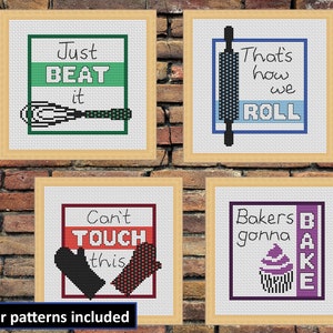 Kitchen cross stitch quotes, set of four, funny matching cross stitch patterns, easy to make gift for cook or baker, modern designs, PDF