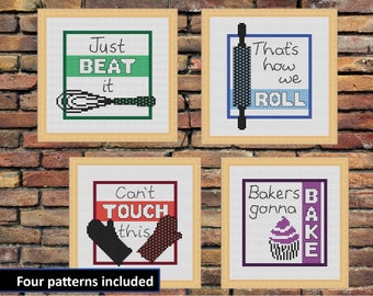 Kitchen cross stitch quotes, set of four, funny matching cross stitch patterns, easy to make gift for cook or baker, modern designs, PDF