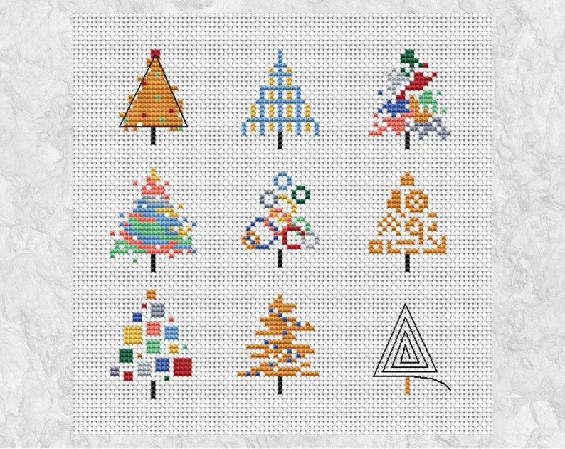 Nine Christmas Trees cross stitch pattern, mini Christmas card motifs or fun xmas picture, instant downoad PDF image 2