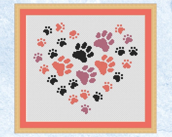 Paw Print Heart Cross Stitch Pattern Modern Gift For Dog Etsy
