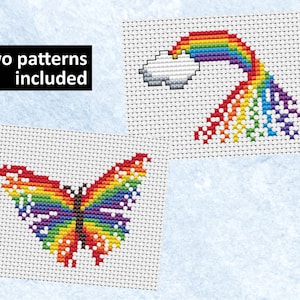 Arc-en-ciel et papillon mini grilles de point de croix, motifs de cartes point de croix compté arc-en-ciel, fantaisie, magie, enfants, moderne, anniversaire, PDF