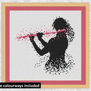 Flute cross stitch pattern (female), modern flautist or flutist music cross stitch chart, instant download PDF
