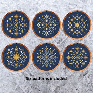 Kerststerren Sneeuwvlokken kruissteekpatronen, set van zes leuke minigrafieken voor kaarten of kerstboom, instant download PDF