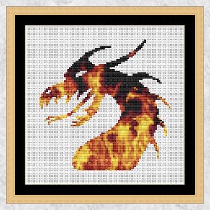 Dragon cross stitch pattern, modern dragon silhouette embroidery, fire and flames, mythical animal, magical beast, printable counted chart