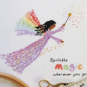Rainbow fairy cross stitch pattern, printable magic counted cross stitch chart, wand, stars, fantasy, girl, baby, PDF - instant download