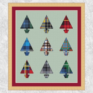 Negen Tartan Kerstbomen kruissteekpatroon, steek als één foto of als mini-motieven voor kerstkaarten of cadeaukaartjes, instant download PDF