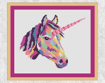 Padrão de ponto cruz de unicórnio arco-íris, "Face of a Rainbow", gráfico de ponto cruz mágico, download instantâneo em PDF