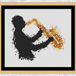 Saxophone cross stitch pattern (male), saxophonist, modern jazz music cross stitch chart, instant download PDF