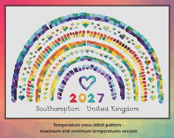 May include: A cross stitch pattern featuring a multi-colored rainbow design composed of small squares and heart shapes. The center includes the year 2027 in bold colors, with the text Southampton United Kingdom printed below the rainbow graphic.