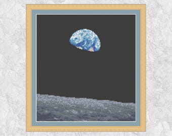 Earthrise astronomy cross stitch pattern, Earth over Moon counted cross stitch chart, space, science, planets, inspirational embroidery