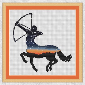 May include: Black and white cross stitch pattern of the Sagittarius constellation, with a silhouette of a centaur holding a bow and arrow. The centaur is filled with a colorful sunset and starry night sky.