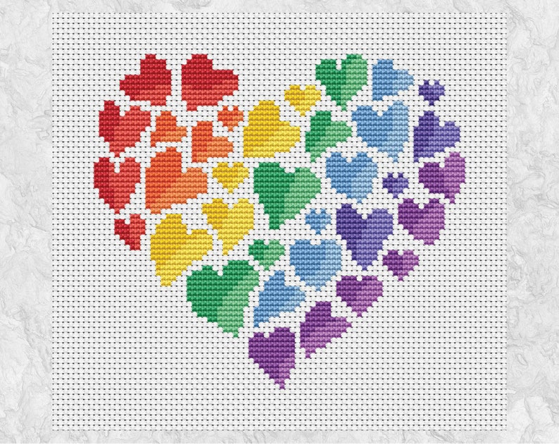 Rainbow Heart of Hearts cross stitch pattern modern cross Etsy