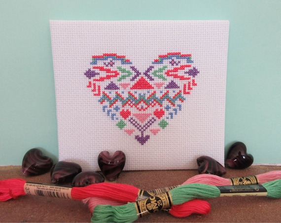Geometric heart cross stitch pattern, modern tribal Aztec quick cross stitch, easy beginner's embroidery pattern, instant download PDF